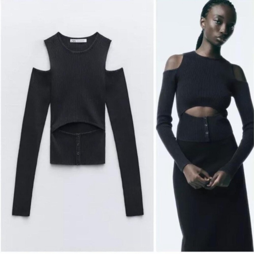 Zara Charcoal Ribbed Knit Sweater With Cutout Size Small NWT